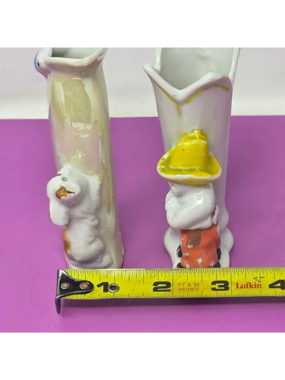 Vintage Hand-Painted Ceramic Bud‎ Vases With Boy & Dog Designs Tall Set Of 2